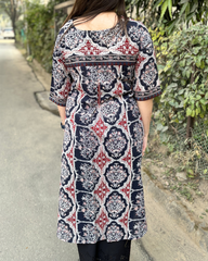 Black ajrakh V neck kurta with pocket