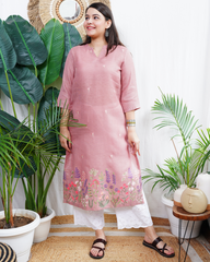 Pink floral embroidered linen kurta