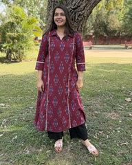 Maroon Aline Ikkat Kali kurta with Pocket