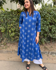 Royal blue ikkat A-line kurta with pocket