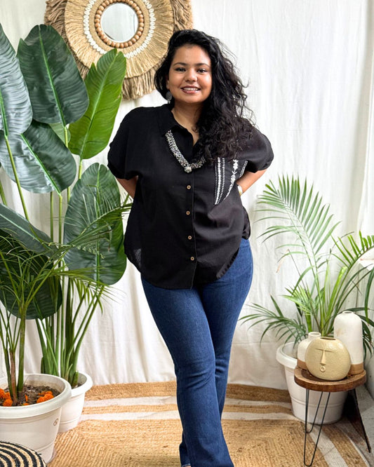 Black embroidered pocket shirt