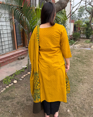 Mustard Ajrakh kurta duppata set