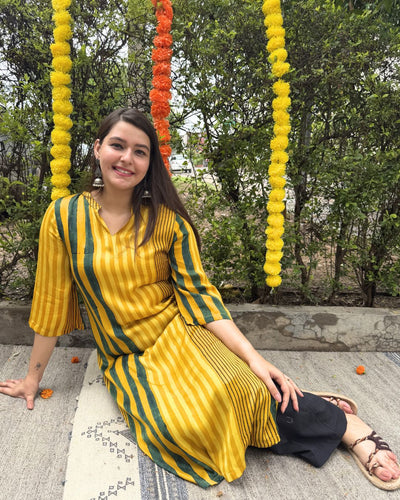 Mustard green lines modal silk kurta