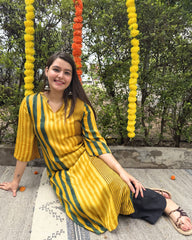 Mustard green lines modal silk kurta