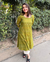 Parrot green ikkat A-line kurta with pocket