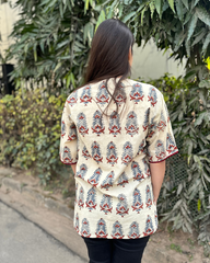 Beige handblock shirt with kantha pocket