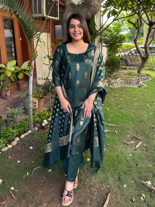 Bottle Green Banarsi Silk Suit Set by MySanskritam