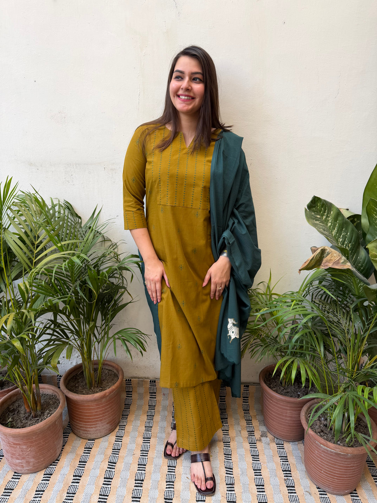 Mustard Mehendi Buti Suit Set