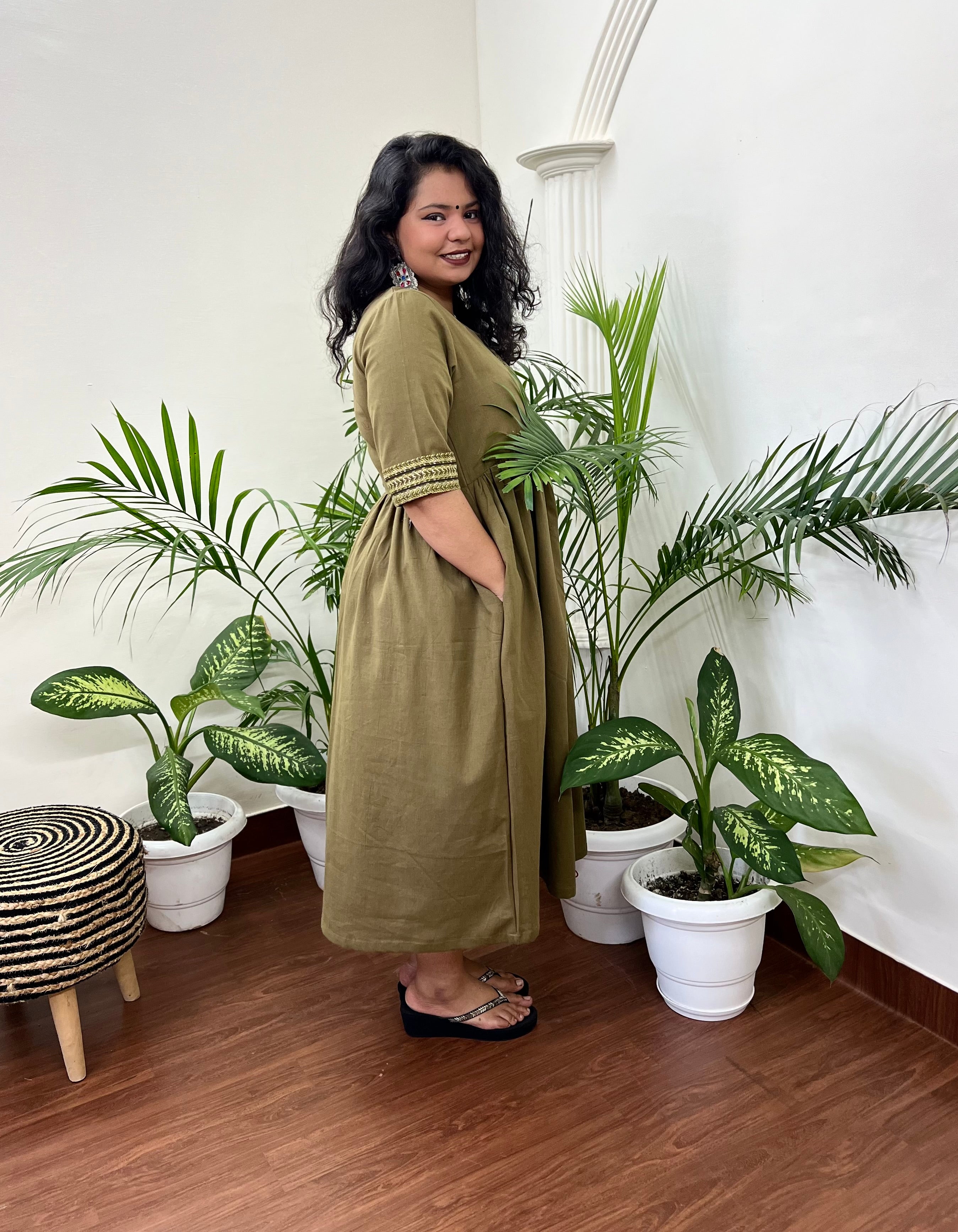 Mehendi Green gather dress with pockets - MYSANSKRITAM