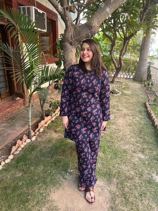 Blue Floral Fleece winter nightsuit - MYSANSKRITAM