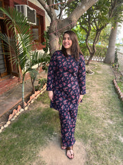 Blue Floral Fleece winter nightsuit - MYSANSKRITAM