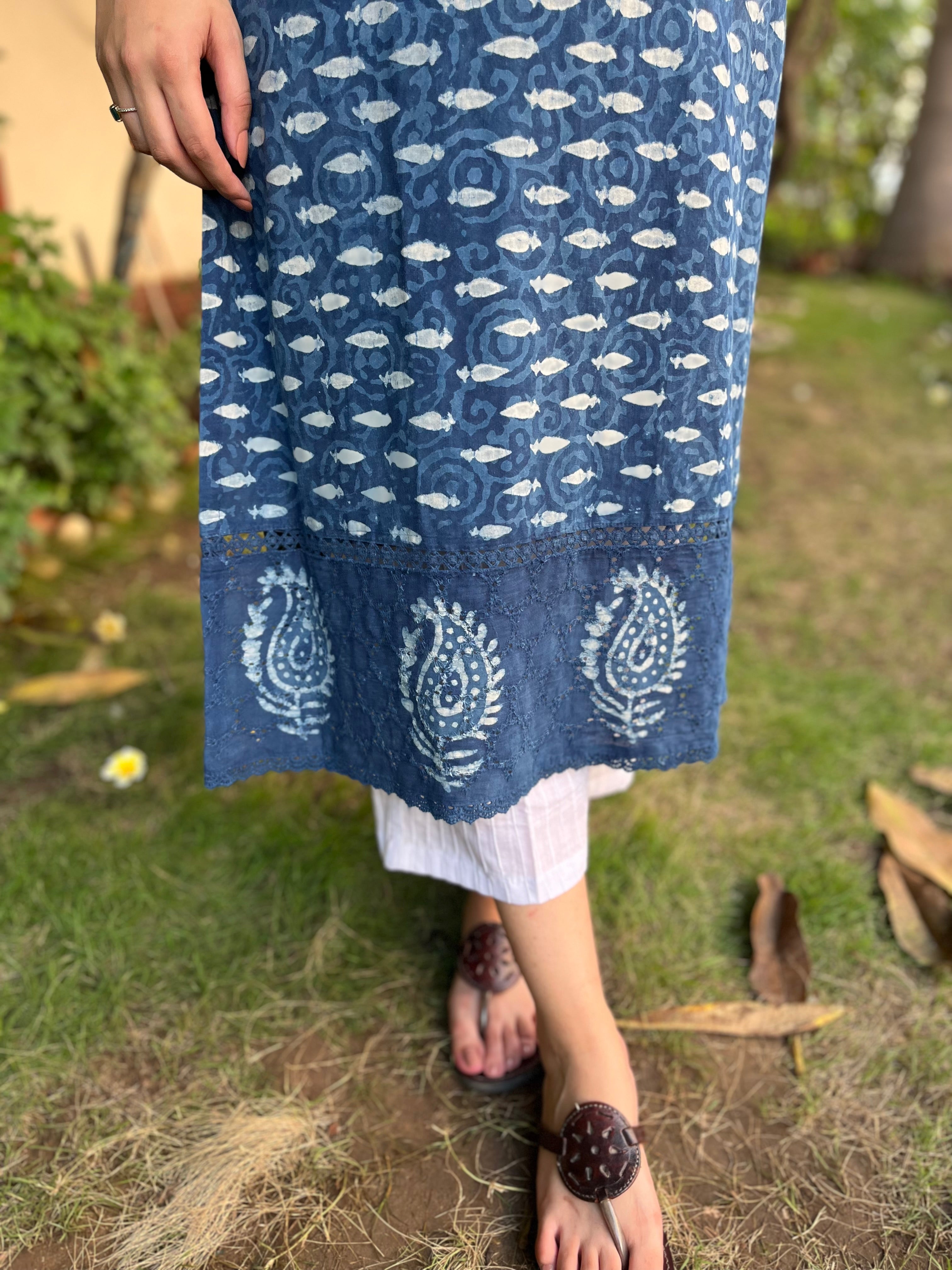 Indigo Buti kurta with Chikan border - MYSANSKRITAM