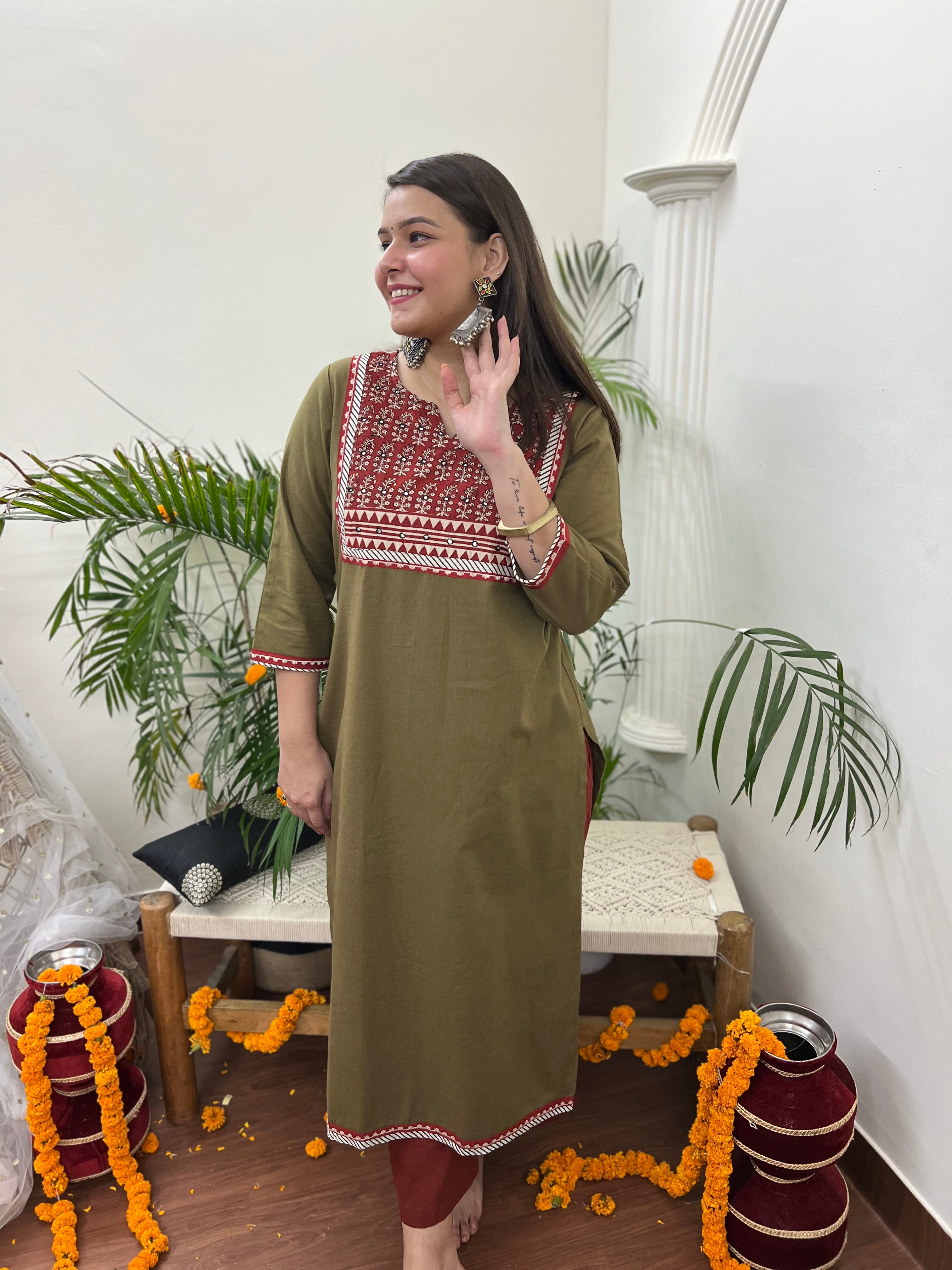 Mehendi embroidered yoke Long kurta - MYSANSKRITAM