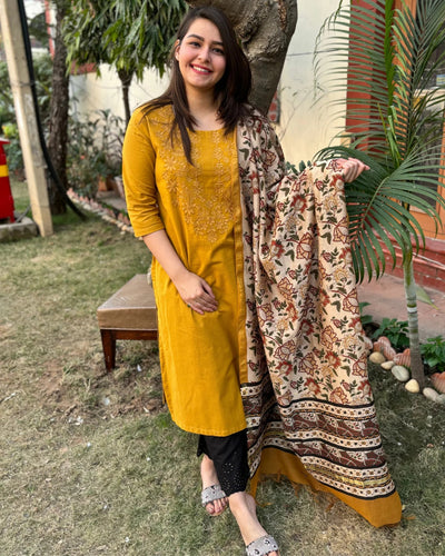 Mustard embroidered kurta with Chanderi Duppata