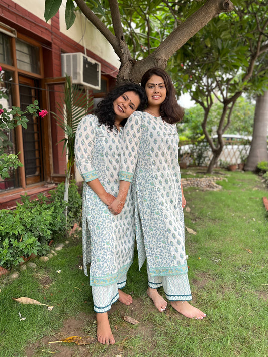 Sea green print kali kurta