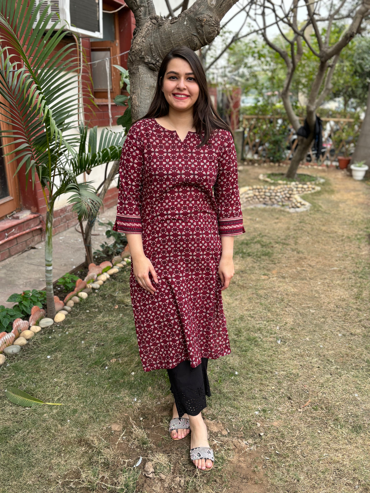 Maroon jaal ajrakh kurta