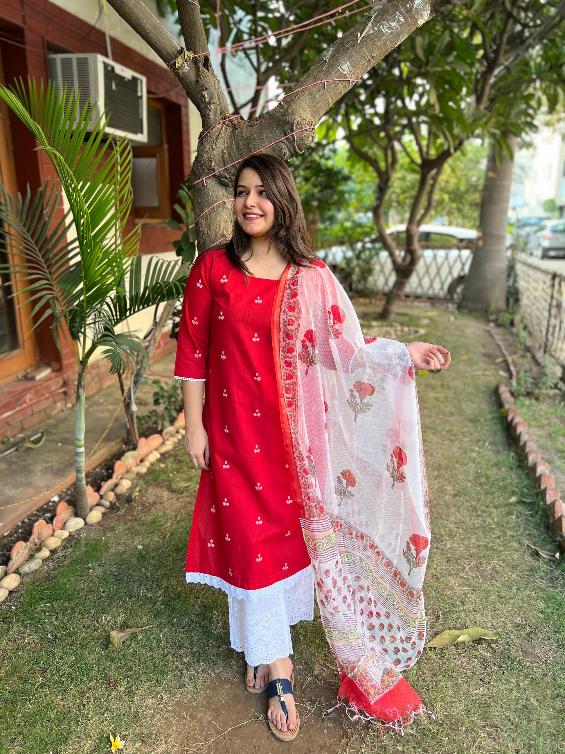 Tamatari red Kurta with handblock Kota Doria duppata - MYSANSKRITAM