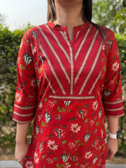 Sanganeri red floral yoke kurta