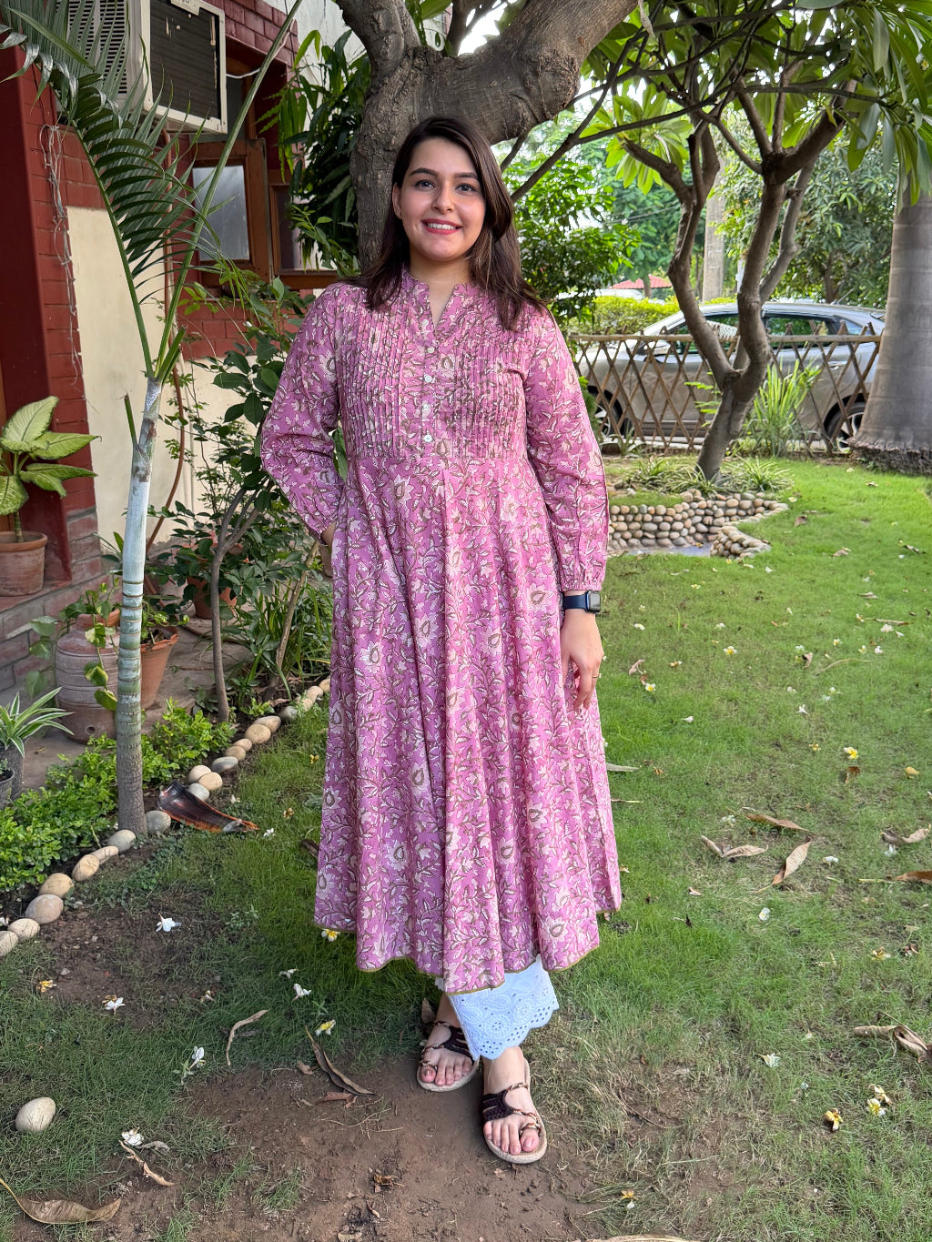 Onion Pink Floral Pintuck A-line Kurta by Sanskritam