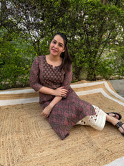 Brown ambi floral yoke kurta