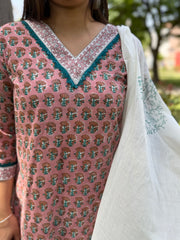 onion pink floral handblock full suit set