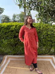 Rust Aline kurta with embroidered yoke on neck