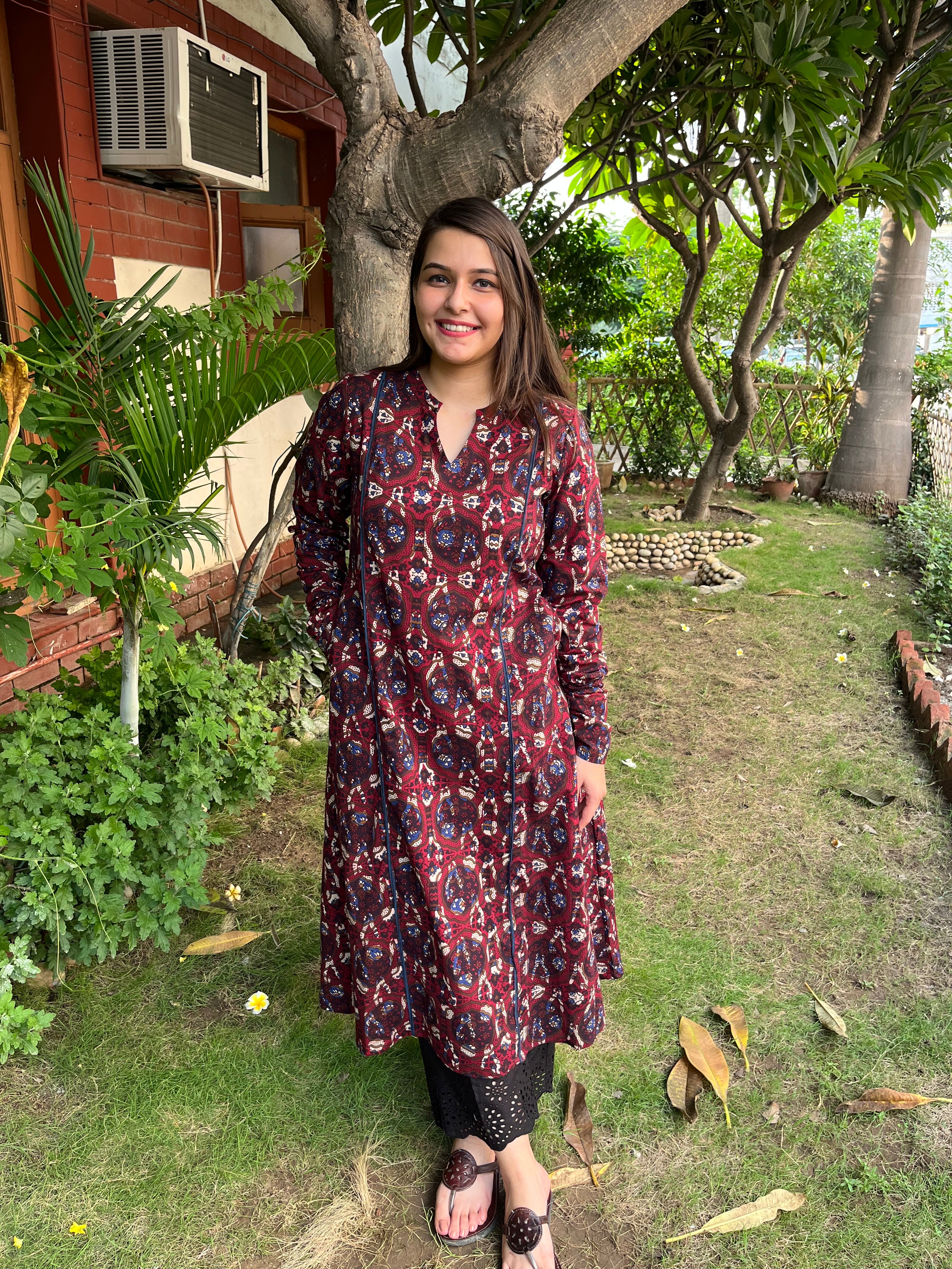 Maroon ajrakh abstract print A-Line Kurta with chudi sleeve