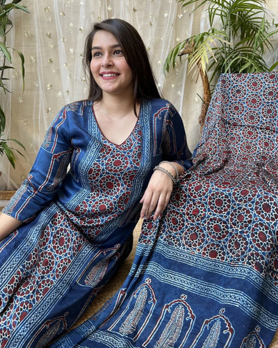 Indigo Geometric Premium Modal kurta duppata set