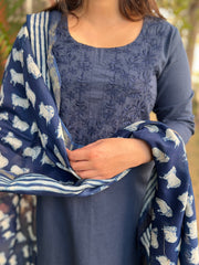 Blue embroidered kurta with Chanderi duppata