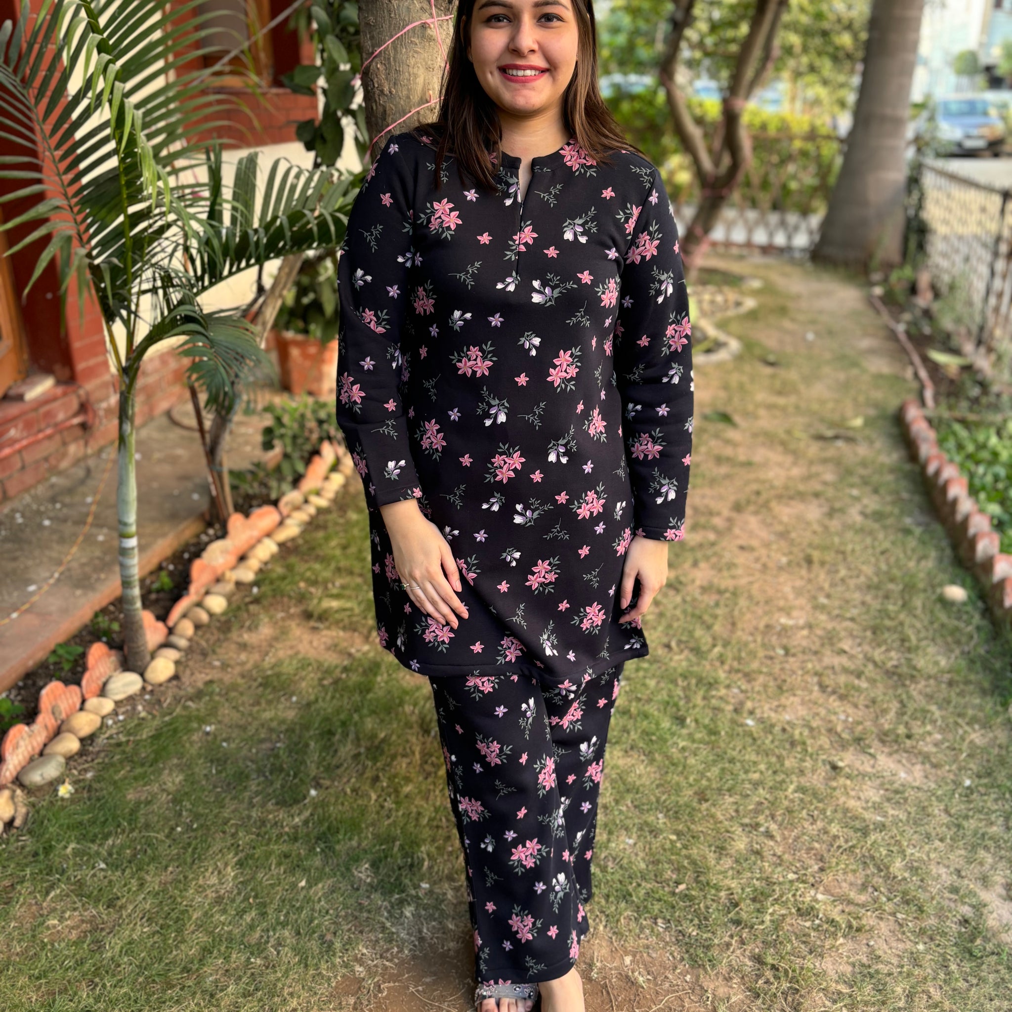 Navy floral fleece woollen fabric kurti top