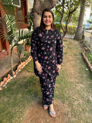 Navy floral fleece woollen fabric kurti top