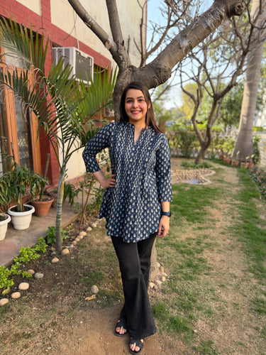 Indigo Sanganeri pintucks top