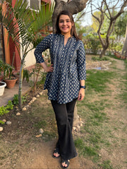 Indigo Sanganeri pintucks top