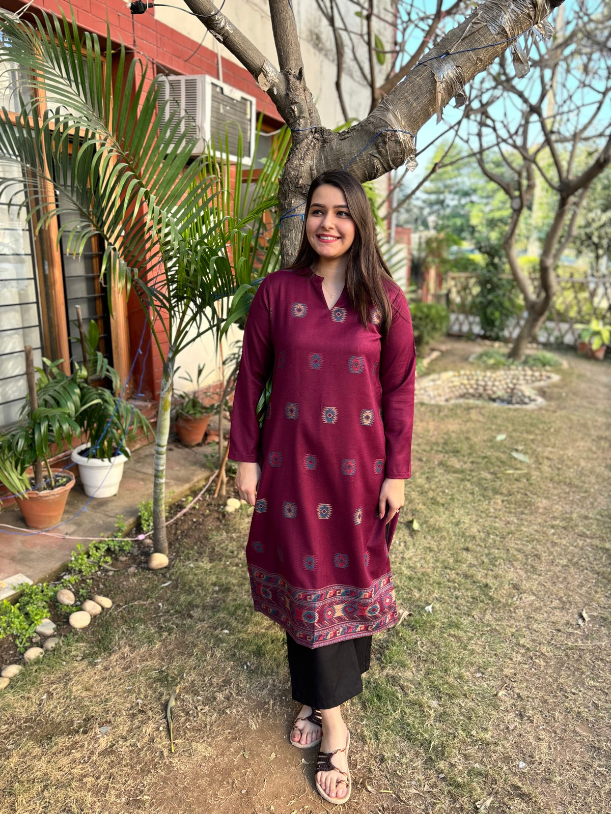 Wine Kullu style woollen long kurta