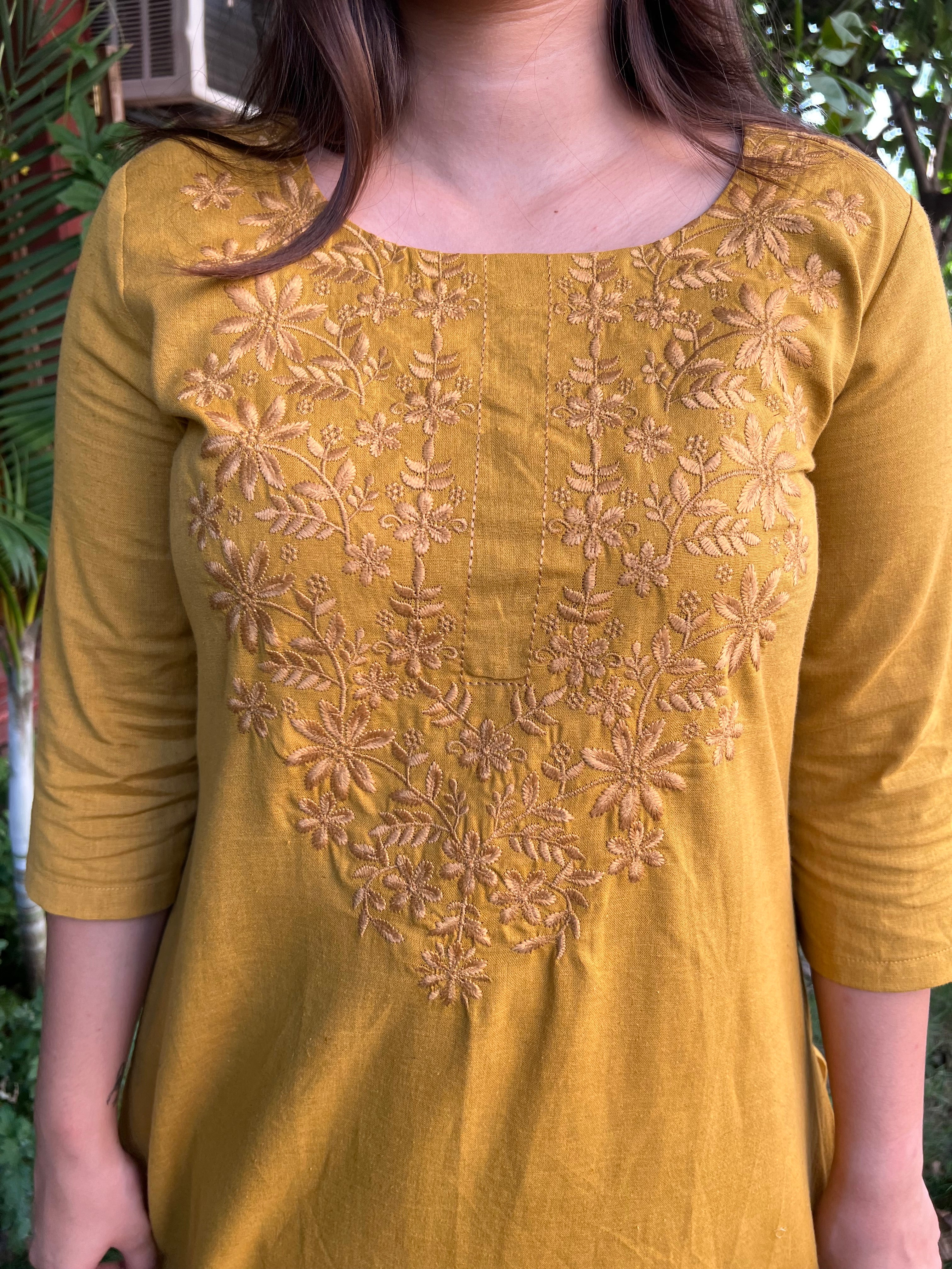 Mustard Thread embroidered kurta - MYSANSKRITAM