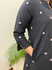 Black small flower embroidered aline kurta