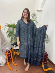 Ajrakh Chanderi Indigo kurta duppata set - MYSANSKRITAM