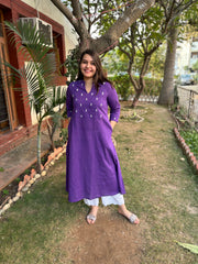 Purple embroidered yoke A-line kurta with pockets