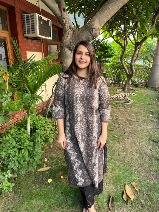 Mouse color Bagru lacework kurta - MYSANSKRITAM