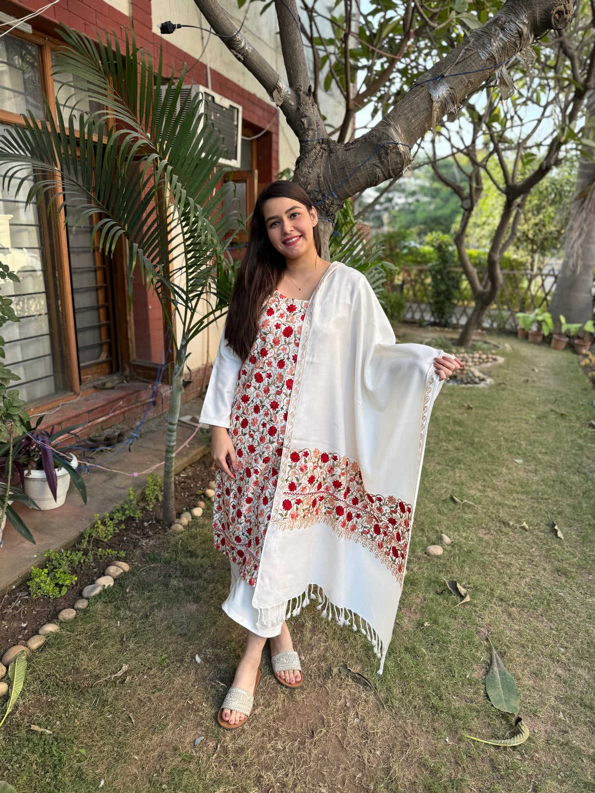 White embroidered Woollen full suit set