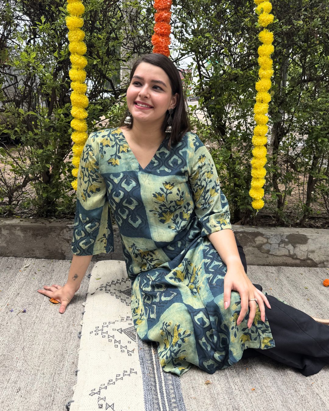 Bagru green modal silk kurta