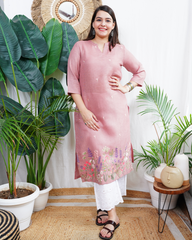 Pink floral embroidered linen kurta