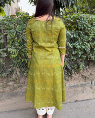 Parrot green ikkat A-line kurta with pocket