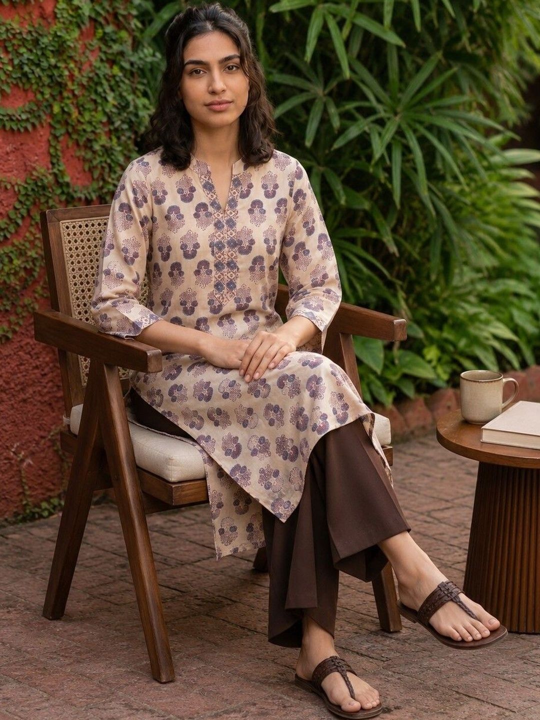 Beige ban neck kurta