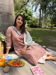 onion pink floral handblock full suit set