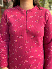 Pink floral fleece woollen fabric kurti top