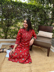 Sanganeri red floral yoke kurta