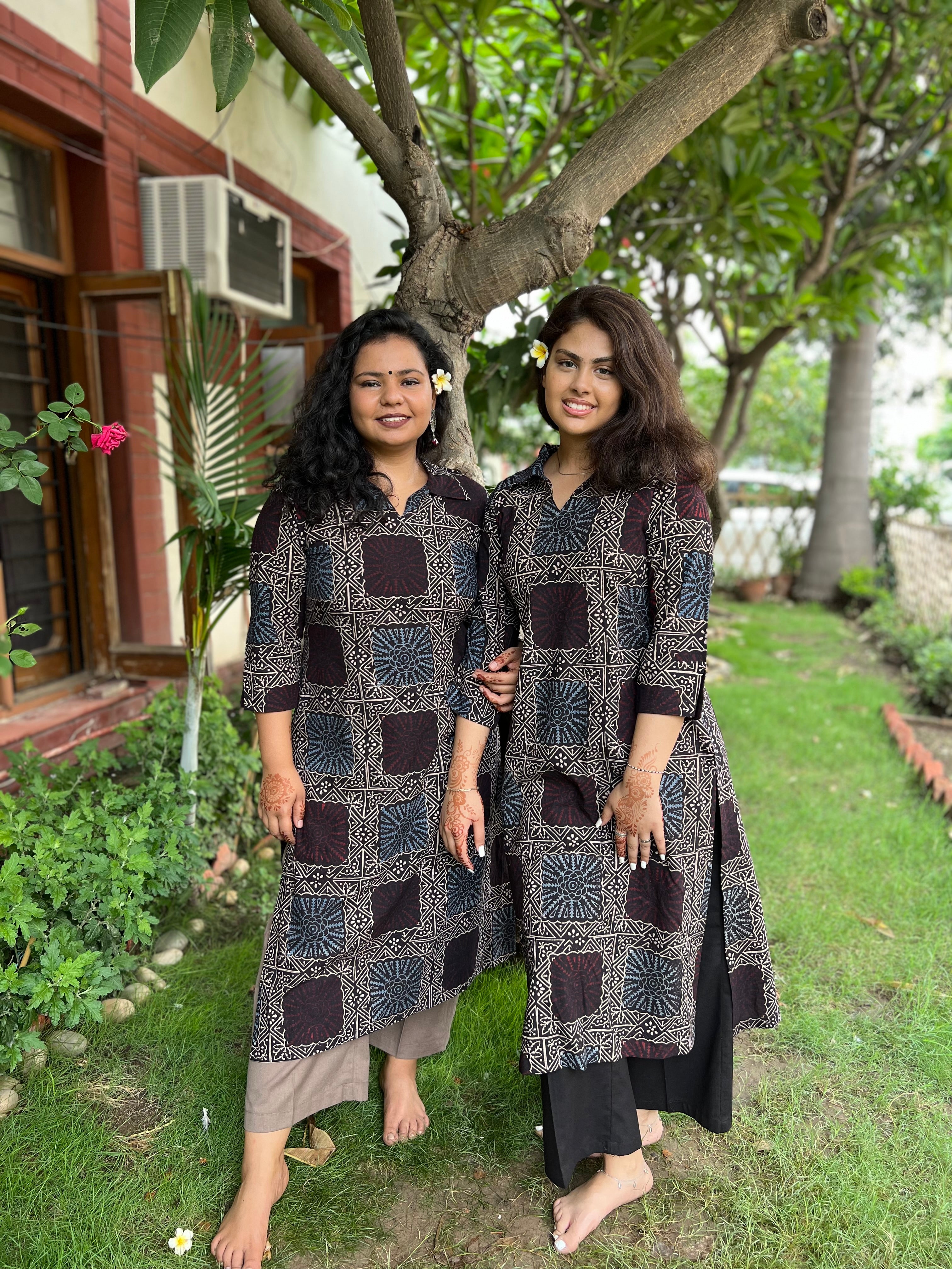 Ajrakh square handblock printed collar kurta - MYSANSKRITAM