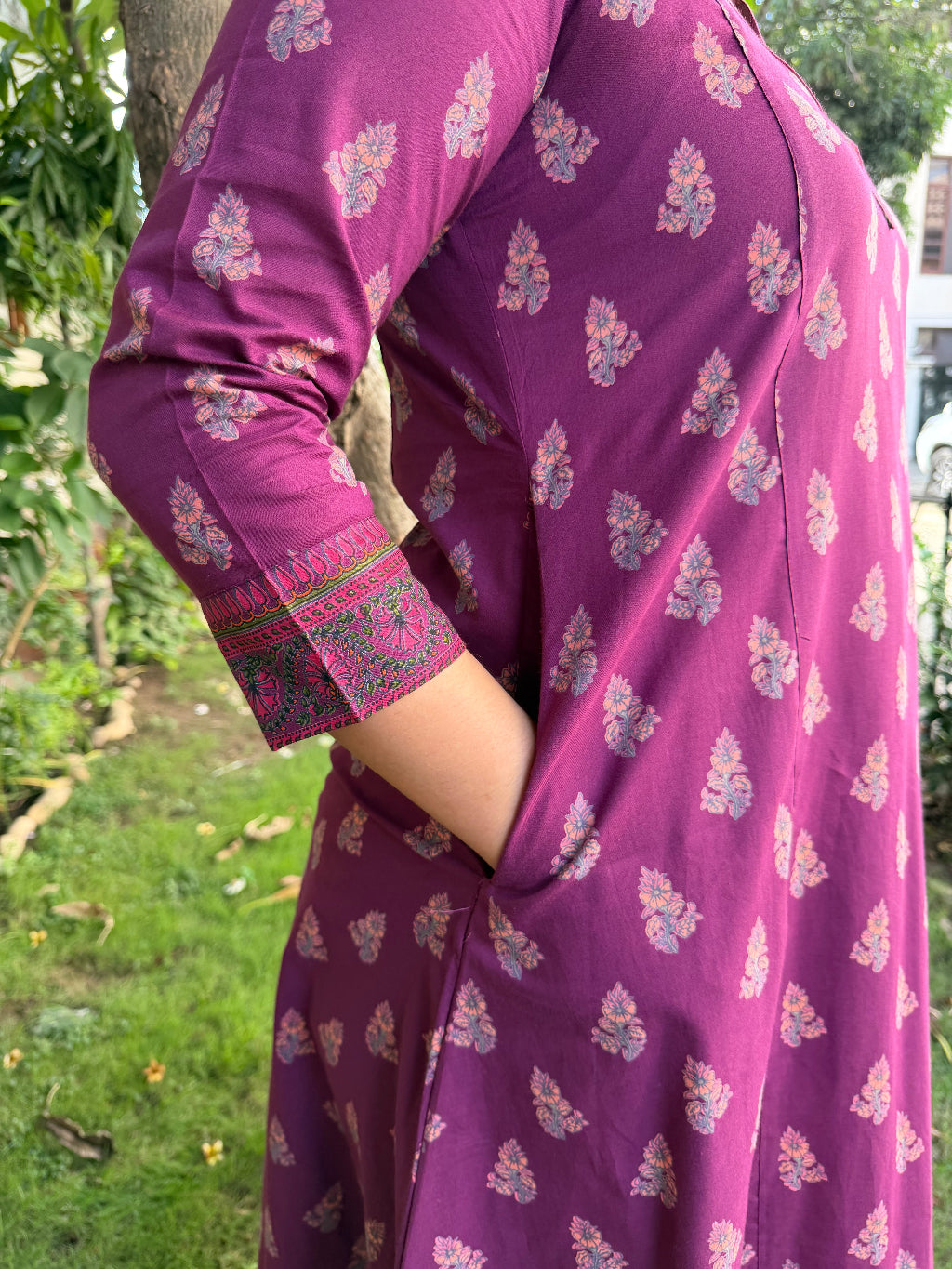Wine Small Flower V-neck A-line Kurta pocket by MySanskritam