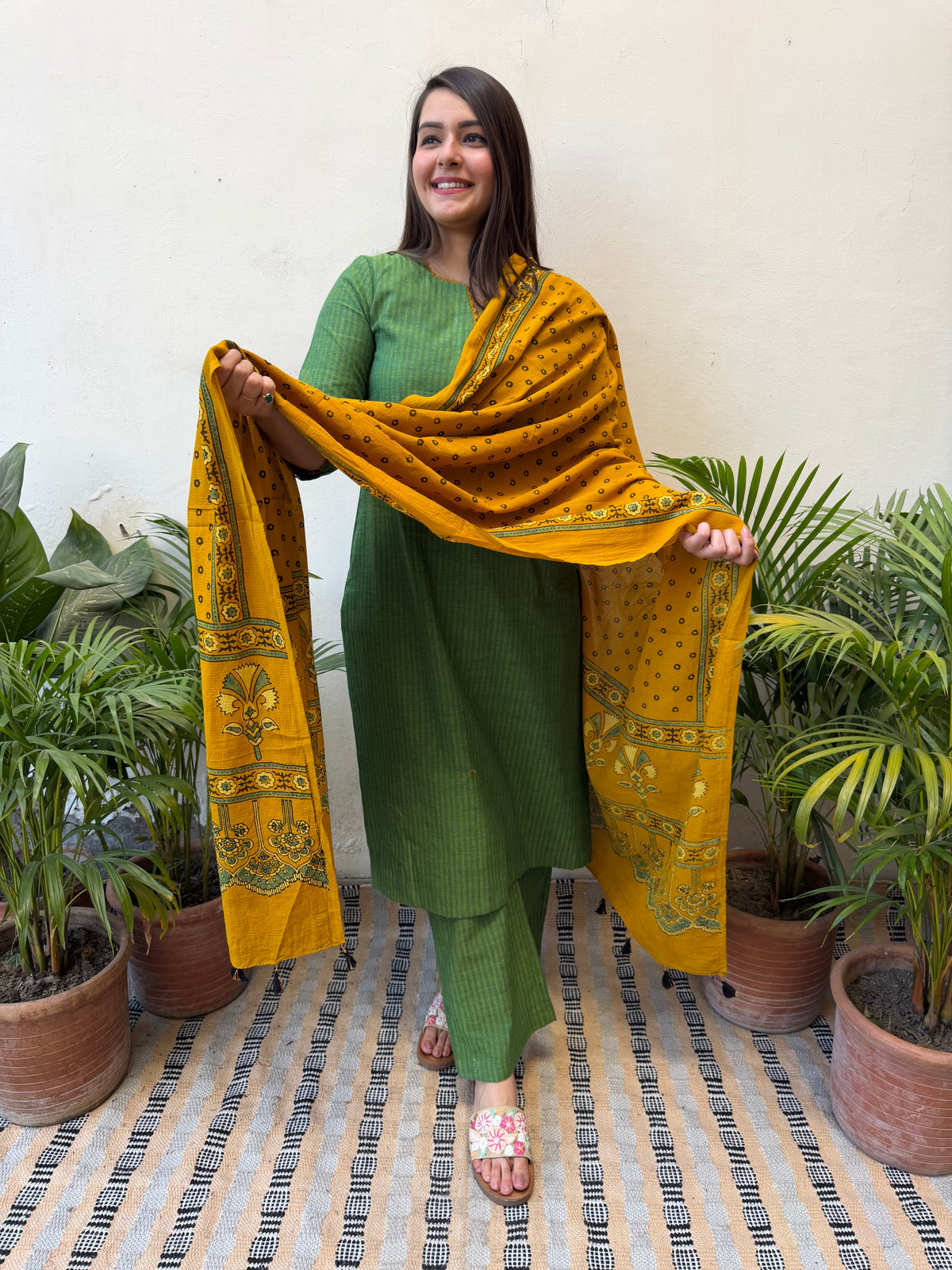 Leaf Green solid Suit set with Ajrakh Duppata